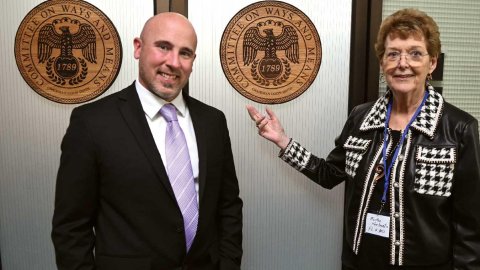 MIssouri retiree Martha Karlovetz with NEA director Andy Slaughter.